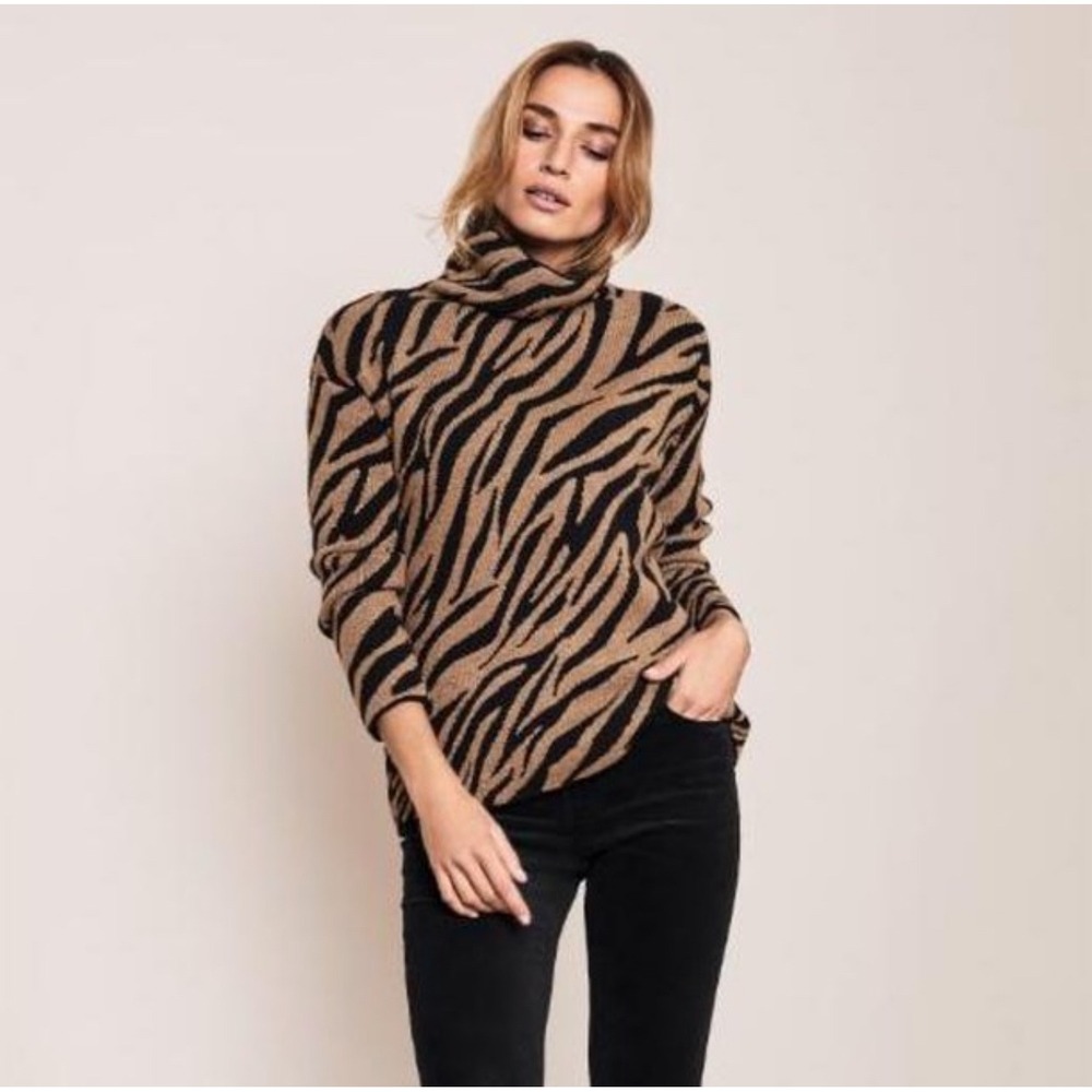 PURE COLLECTION Wool Alpaca Blend‎ Zebra Turtleneck Sweater Sz 18 Brown Black
